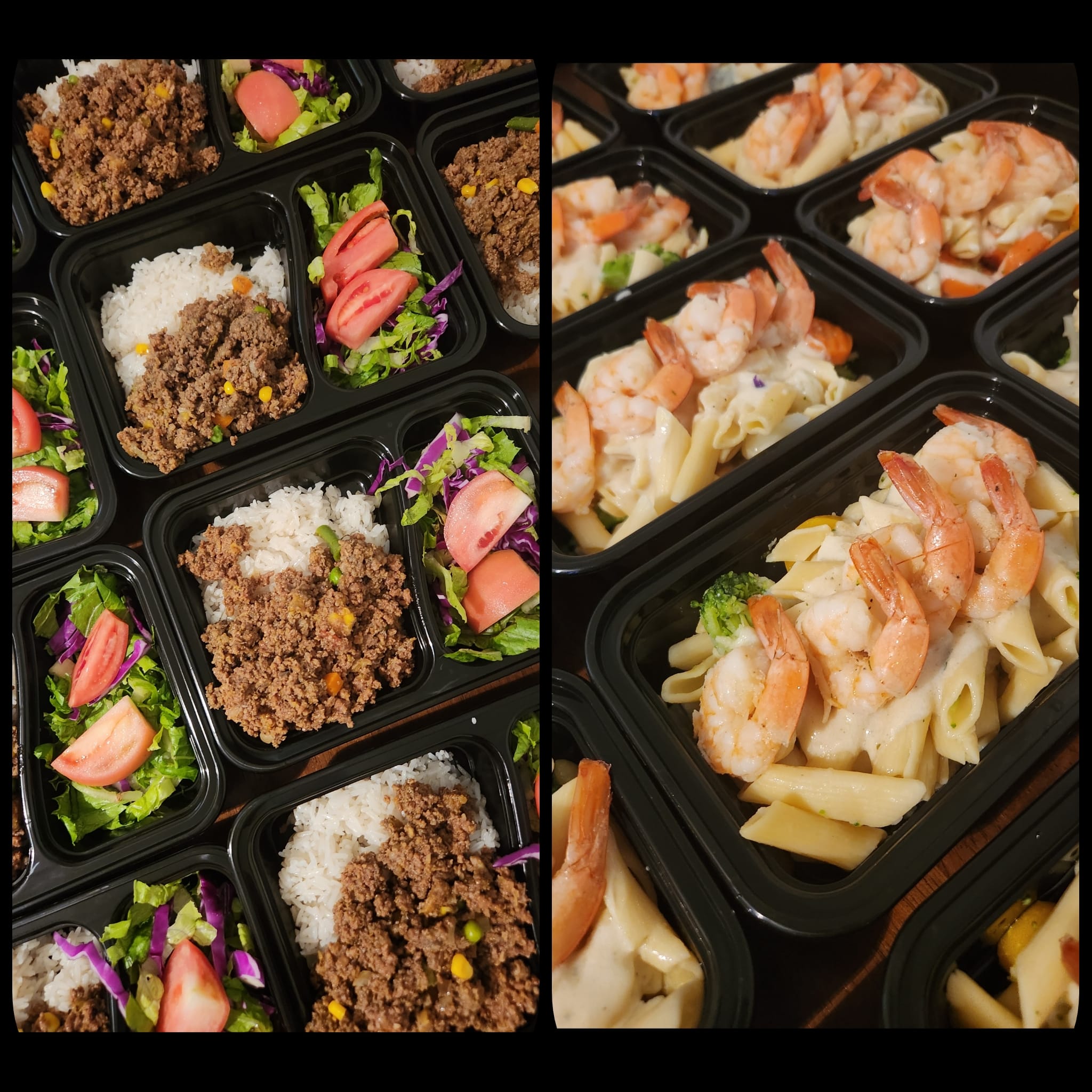 Meal prep semanal — carne molida con arroz y pasta con camarones