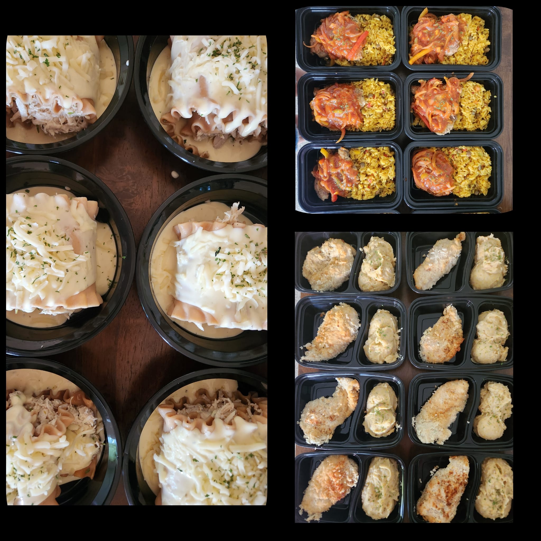 Meal prep de pasta, pollo empanado y arroz